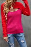 Elegant Patchwork Hollowed Out  Contrast O Neck Tops Sweater