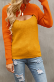 Elegant Patchwork Hollowed Out  Contrast O Neck Tops Sweater