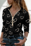 Casual Print Split Joint Zipper Turndown Collar Tops