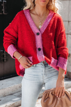Casual Elegant Patchwork Pocket Buckle  Contrast V Neck Outerwear Sweater