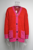 Casual Elegant Patchwork Pocket Buckle  Contrast V Neck Outerwear Sweater
