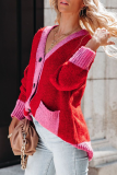 Casual Elegant Patchwork Pocket Buckle  Contrast V Neck Outerwear Sweater