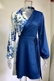 Fashion Casual Print Solid Patchwork With Belt Turndown Collar A Line Dresses