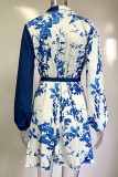 Fashion Casual Print Solid Patchwork With Belt Turndown Collar A Line Dresses