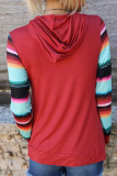 Casual Print Draw String Pocket Hooded Collar Tops