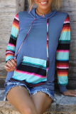 Casual Print Draw String Pocket Hooded Collar Tops