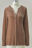 Casual Solid Pocket Buckle V Neck Tops