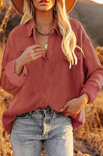 Casual Solid Split Joint Basic Turndown Collar Tops