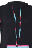 Casual Print Draw String Pocket Hooded Collar Tops