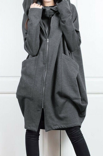 Casual Solid Pocket Zipper Hooded Collar Outerwear