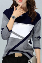 Casual Print Basic  Contrast O Neck Tops