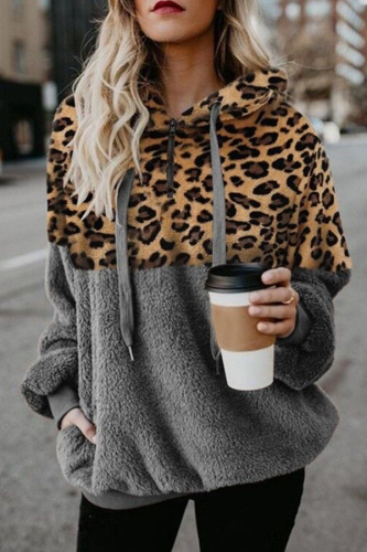 Casual Leopard Draw String Pocket Zipper Hooded Collar Tops