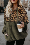 Casual Leopard Draw String Pocket Zipper Hooded Collar Tops