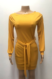 Fashion Elegant Solid Patchwork With Belt Oblique Collar Wrapped Skirt Dresses