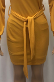 Fashion Elegant Solid Patchwork With Belt Oblique Collar Wrapped Skirt Dresses