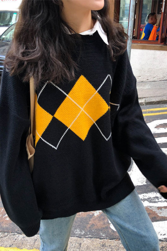 Casual Geometric Patchwork Contrast O Neck Tops Sweater