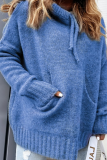 Casual Solid Draw String Pocket Hooded Collar Tops