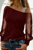Fashion Casual Patchwork Split Joint See-through Oblique Collar Tops