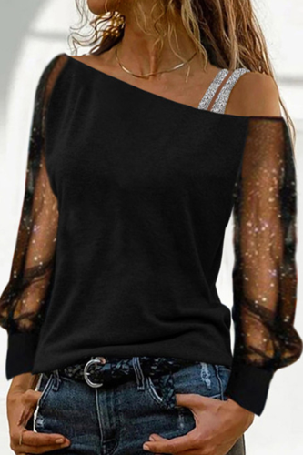 Fashion Casual Patchwork Split Joint See-through Oblique Collar Tops