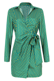 Fashion Elegant Polka Dot Split Joint Strap Design Turndown Collar Dresses