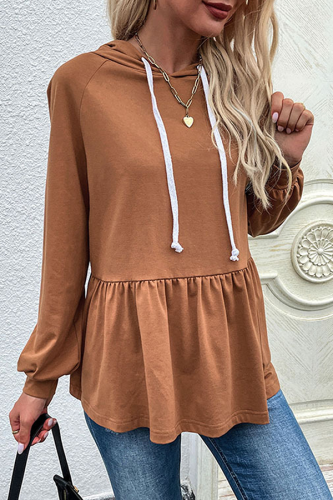 Casual Solid Draw String Fold Hooded Collar Tops