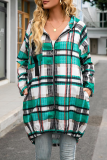 Fashion Casual Plaid Pocket Zipper Hooded Collar Outerwear
