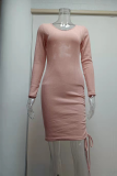 Fashion Elegant Solid Draw String Frenulum V Neck Pencil Skirt Dresses