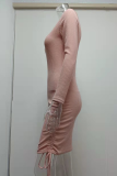 Fashion Elegant Solid Draw String Frenulum V Neck Pencil Skirt Dresses