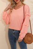 Casual Solid Split Joint Stringy Selvedge V Neck Tops