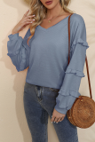 Casual Solid Split Joint Stringy Selvedge V Neck Tops