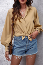 Fashion Elegant Solid Split Joint Buckle Turndown Collar Tops