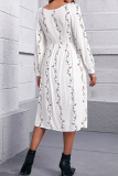 Fashion Elegant Print Split Joint Buckle Square Collar A Line Dresses