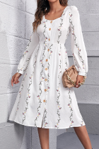 Fashion Elegant Print Split Joint Buckle Square Collar A Line Dresses