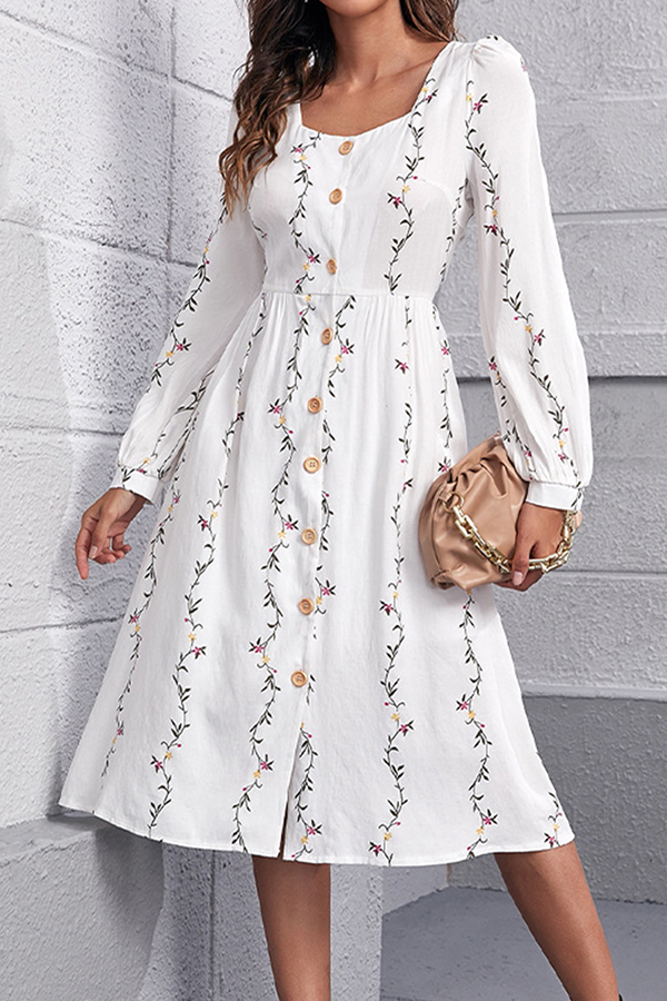 Fashion Elegant Print Split Joint Buckle Square Collar A Line Dresses