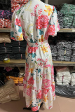 Fashion Elegant Floral Flounce Strap Design V Neck Waist Skirt Dresses