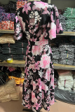 Fashion Elegant Floral Flounce Strap Design V Neck Waist Skirt Dresses