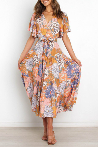 Fashion Elegant Floral Flounce Strap Design V Neck Waist Skirt Dresses
