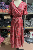 Fashion Elegant Floral Flounce Strap Design V Neck Waist Skirt Dresses