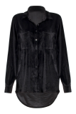 Casual Solid Pocket Buckle Turndown Collar Tops