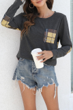 Casual Plaid Split Joint Pocket O Neck Tops