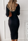 Fashion Daily Adult Knitting Solid V Neck Long Sleeve Mid Calf Long Sleeve Dress Dresses