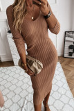 Fashion Daily Adult Knitting Solid V Neck Long Sleeve Mid Calf Long Sleeve Dress Dresses