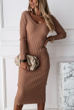 Fashion Daily Adult Knitting Solid V Neck Long Sleeve Mid Calf Long Sleeve Dress Dresses