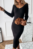 Fashion Daily Adult Knitting Solid V Neck Long Sleeve Mid Calf Long Sleeve Dress Dresses