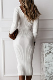 Fashion Daily Adult Knitting Solid V Neck Long Sleeve Mid Calf Long Sleeve Dress Dresses