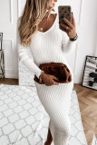Fashion Daily Adult Knitting Solid V Neck Long Sleeve Mid Calf Long Sleeve Dress Dresses