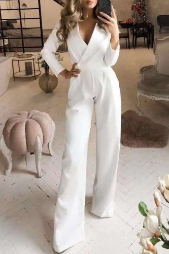 Fashion Casual Solid Split Joint V Neck Loose Jumpsuits