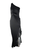Elegant Solid Flounce Slit One Shoulder Evening Dress Dresses