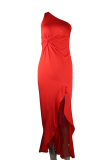 Elegant Solid Flounce Slit One Shoulder Evening Dress Dresses