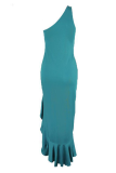 Elegant Solid Flounce Slit One Shoulder Evening Dress Dresses
